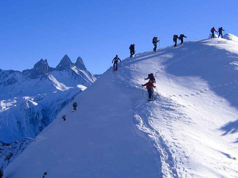 Groupe de randonneurs en raquettes à neige Groupe de randonneurs en raquettes à neige